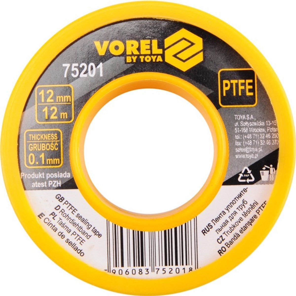 Vorel - PTFE Tape - 12Mx12MMx0,1MM - Waterdichte Afdichting