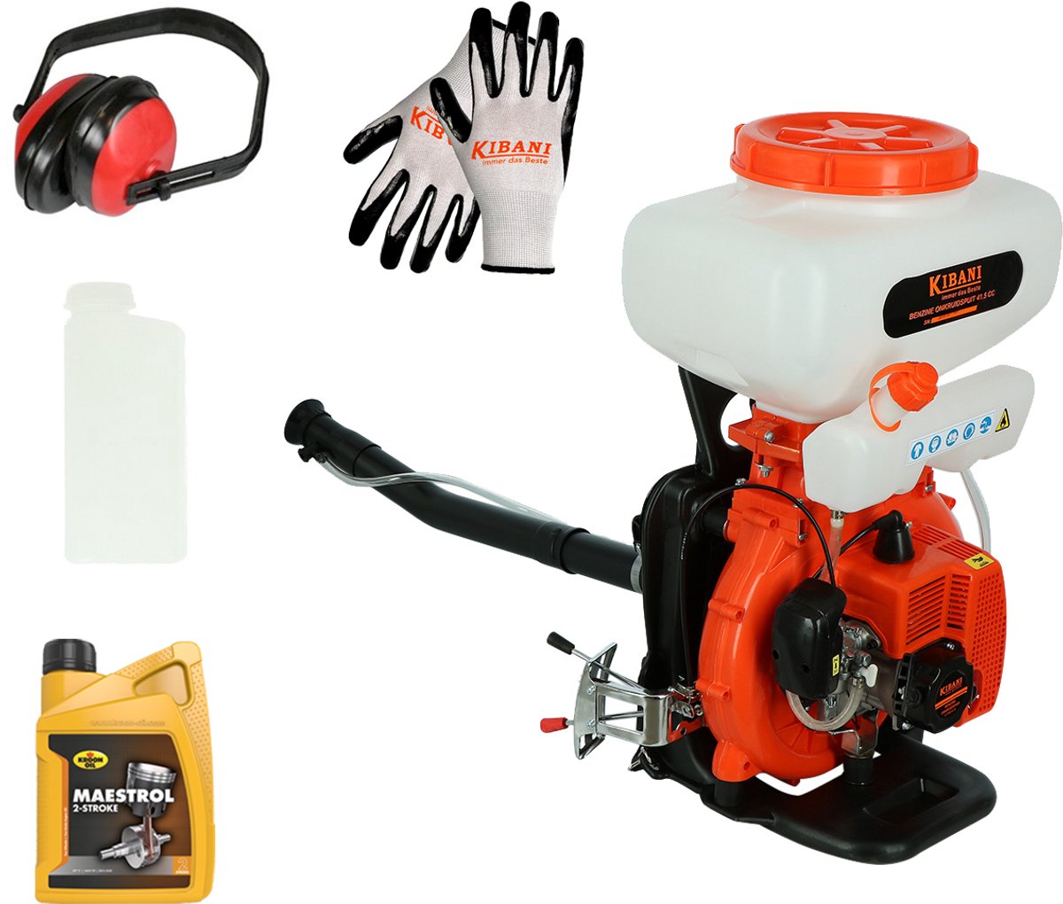 Kibani Motor Rugspuit / Vernevelaar - 41.5 cc / 2.9 PK 2-takt Benzine Motor incl. 1 liter 2-takt olie, Handschoenen, Gehoorbeschermers en Mengkan