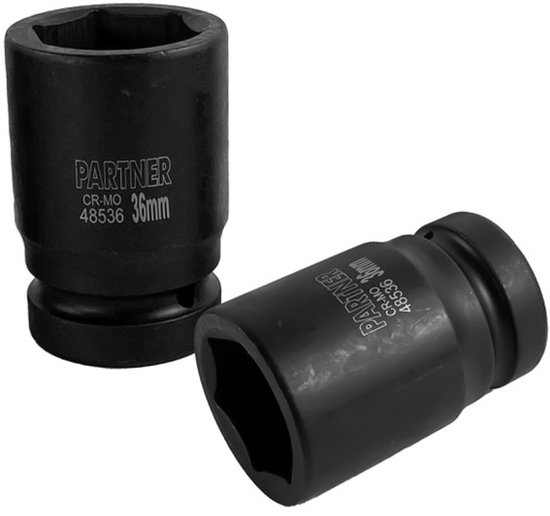 Twee zwarte Partner 36mm Cr-Mo dopsleutels op witte achtergrond.