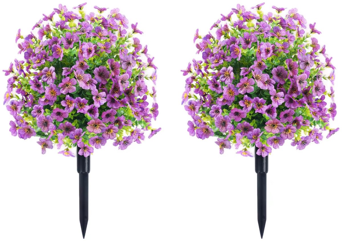 Happiq Kunstmatige Buxusbal 2-Stuks - Voor Tuin, Veranda & Outdoor - Met Grond Spike - Nep Bloemen Planten - Purple