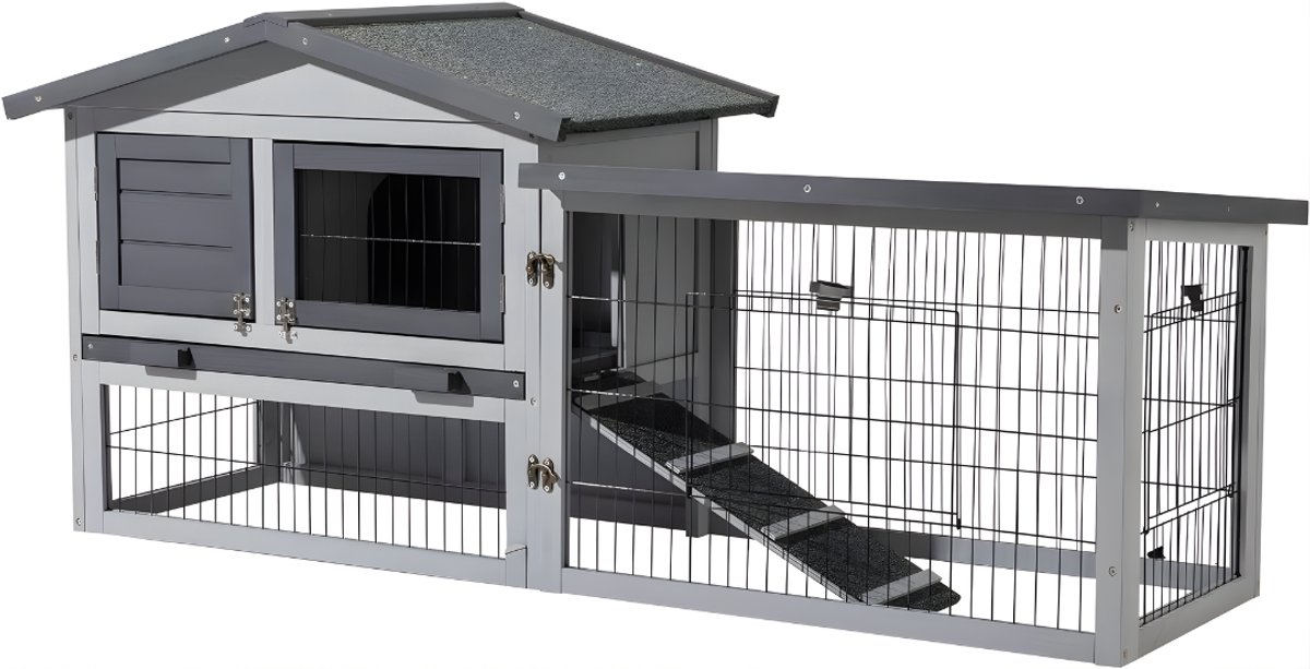 DnA® Kippenhok Met Ren - Houten Kippenren met Nachthok & Legnest - Houten Kippenhok met Buitenren - Grijs - 154cm x 53cm x 69cm