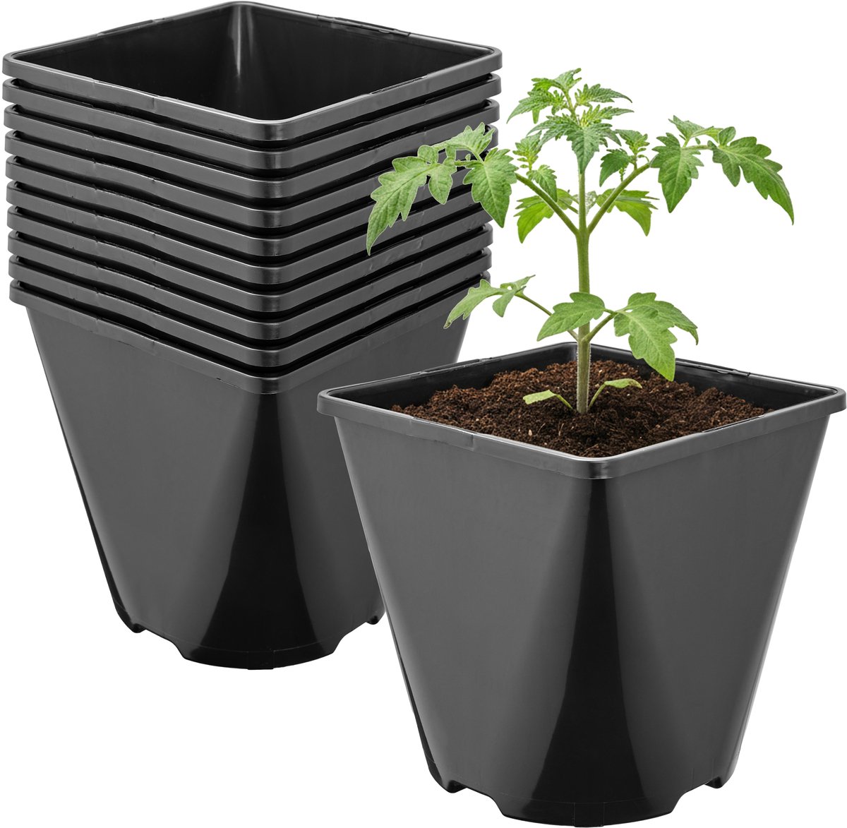 Garronda Set van 10 afgeronde vierkante kunststof kweekpotten met drainagegaten voor tuin (Zwart, 14 x 14 x 14 cm (2L)) GD-KW-SR