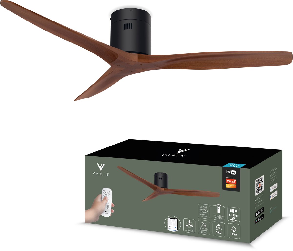 Varin® Smart Plafondventilator - Walnoot - Tuya Wifi - LED CCT - Lange bladen - Ø 132cm - 6 snelheden - Super stil 20dB - Met afstandsbediening en app - Ventilatorkachel - Ventilatoren plafond - Plafondventilator - Plafond ventilator slaapkamer