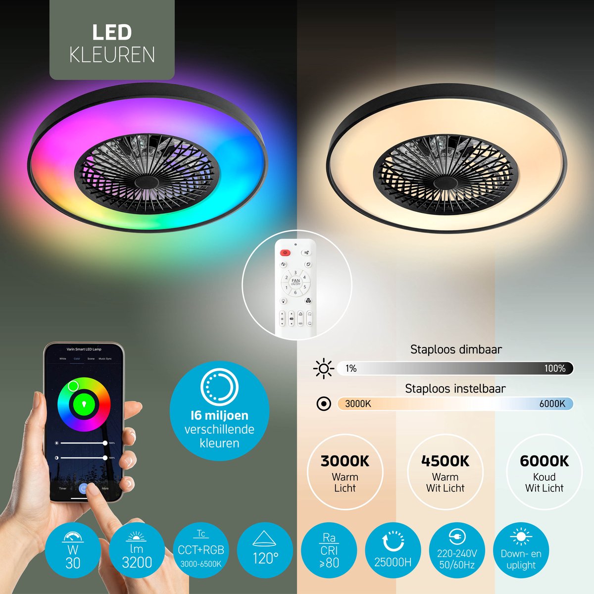 Varin® Plafondventilator met verlichting - Zwart - Tuya Wifi - LED RGBW - Ø 60cm - Super stil - Afstandsbediening smart lamp - Plafondlamp slaapkamer - Plafonniere woonkamer - Plafondlampen - Plafond lamp - Verlichting kinderkamer - Ventilator thumbnail 4