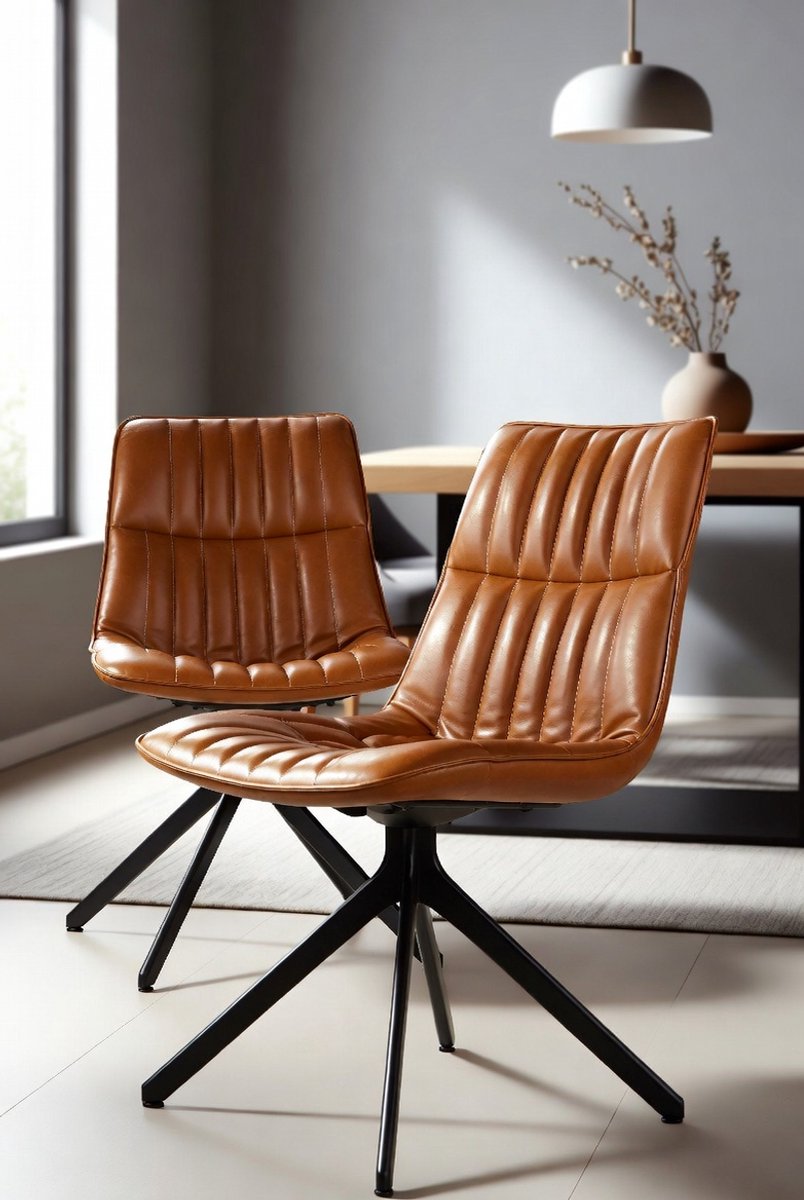 Vintage Eetkamerstoelen Set van 2 – Ergonomische PU Kunstleer Keukenstoelen met Metalen Kruispoten – Comfortabele Lounge & Accent Stoelen voor Woonkamer, Keuken & Restaurant – Bruin – 38x42x81 cm Ganeey