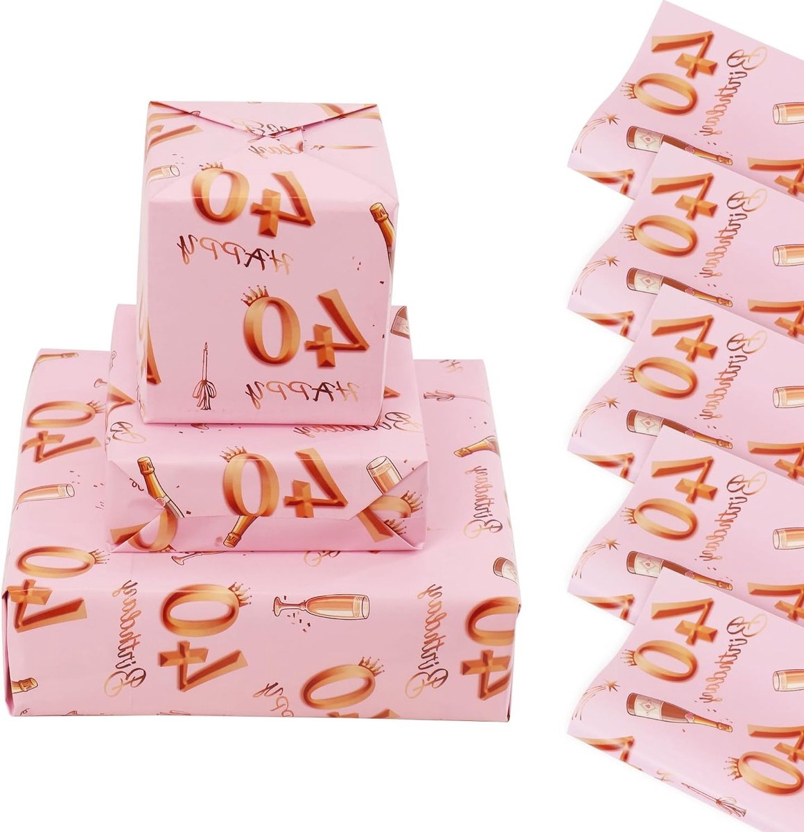 Inpakpapier voor 40e verjaardag, 5 vellen 70 x 50 cm, roségoud en roze, feestelijk cadeaupapier voor vrouwen, verjaardagsdecoraties en duurzame feestartikelen