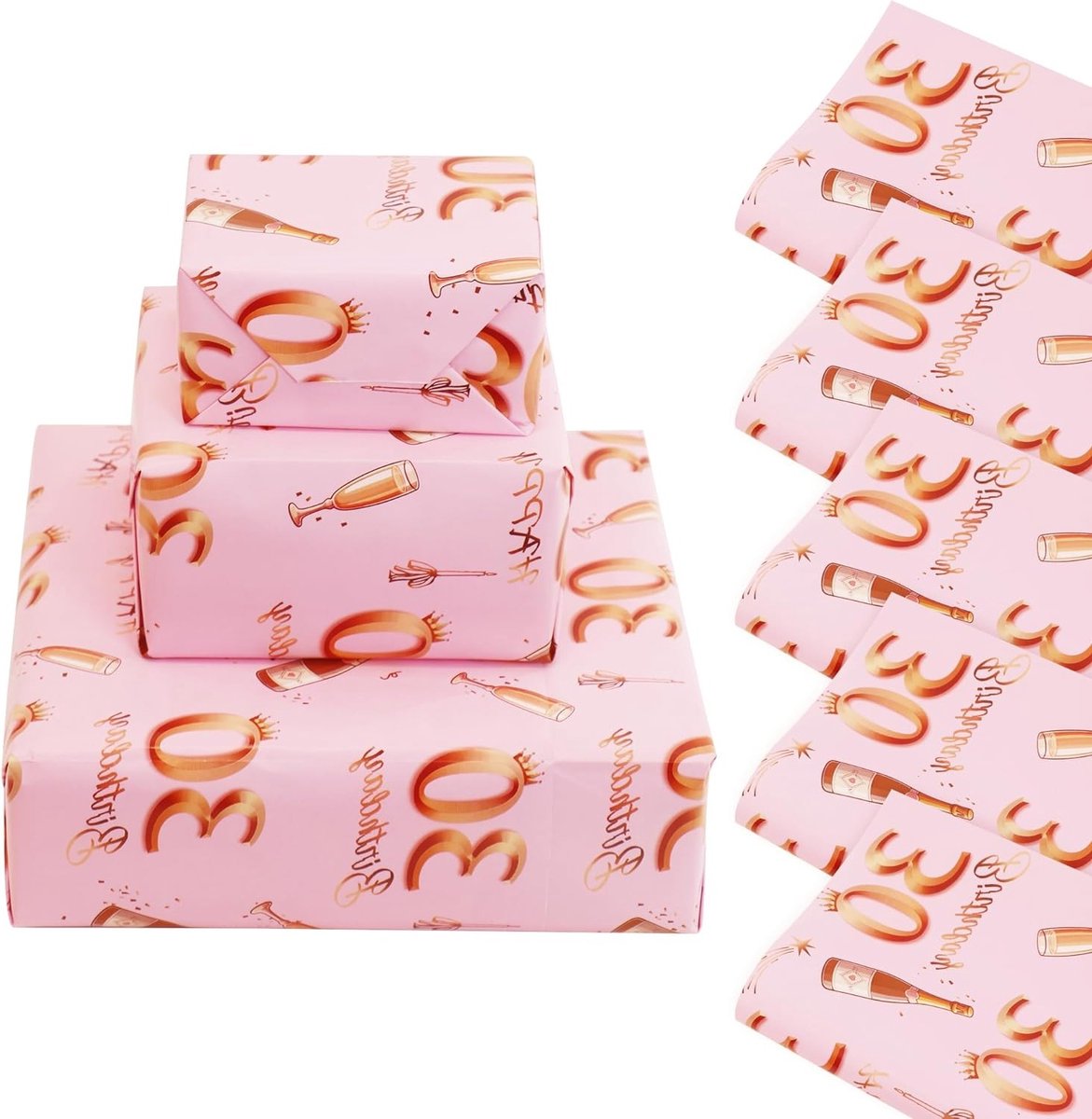 Verjaardagswikkelpapier voor 30e Verjaardag, 5 Vellen 70x50cm, Roze Goud, Feestelijke Decoratie en Cadeaupapier voor Vrouwen en Meisjes, Duurzaam en Recyclebaar