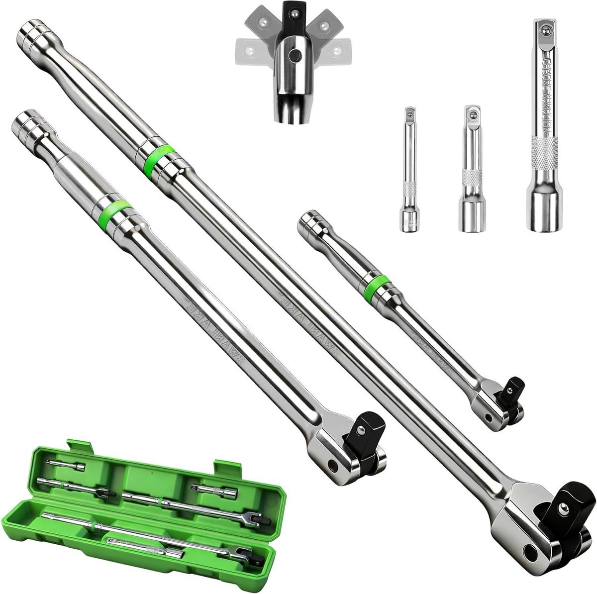 Breekstang Set - Verstelbare Ratel - Vastzittende Moeren - 180 Graden Kop - 3 Delig - Groen
