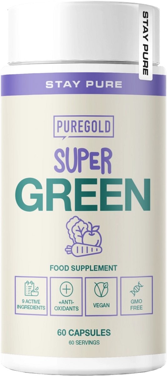 Pure Gold Super Green – 60 Capsules – 9 Plantenextracten met Polyfenolen uit Olijfblad, Granaatappel & Groene Thee – Vegan & GMO-vrij