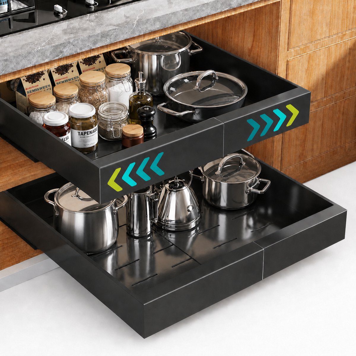Somstyle Schuiflade - Keukenkast Organizer - 32 x 42 x 7.5 CM - Uitschuifbaar & Verstelbaar - Gootsteenkast Lade - Zwart