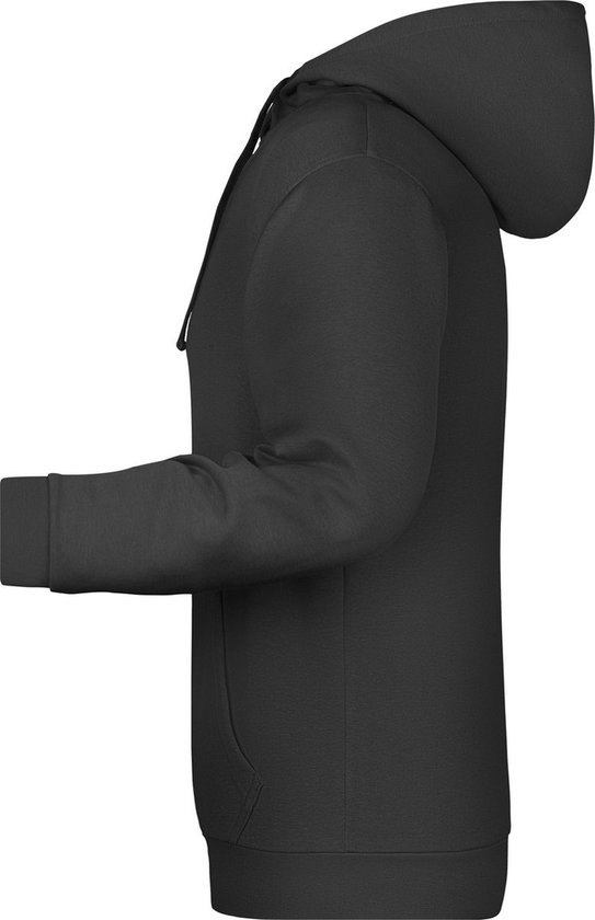 Zwart hoodie, zijaanzicht, met capuchon en kangoeroezak.