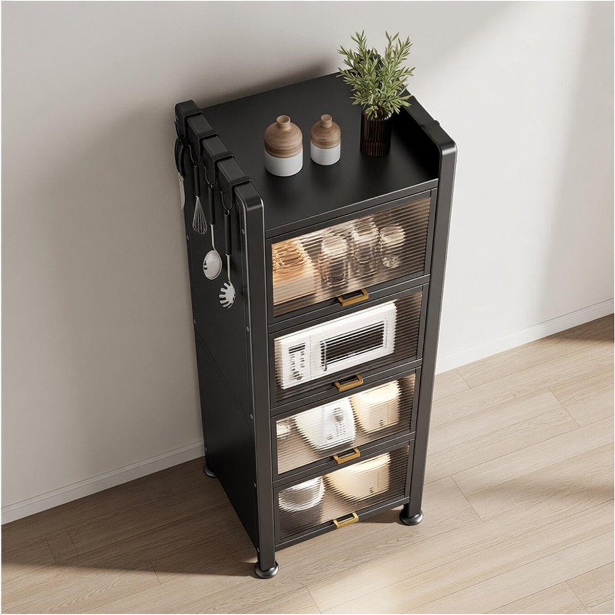 Pantry Kast op Wielen 20x16x70 Inch – Verrijdbare Koolstofstaal Opbergkast met Flip-Top Deur – Magnetron Oven Rack en Keuken Trolley voor Woonkamer en Eetkamer - Ganeey