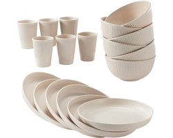 Serviesset 6 Persoons - Tarwestro - Borden - Kommen - Bekers - BPA vrij - Magnetronveilig - Vaatwasserbestendig - Milieuvriendelijk - Beige