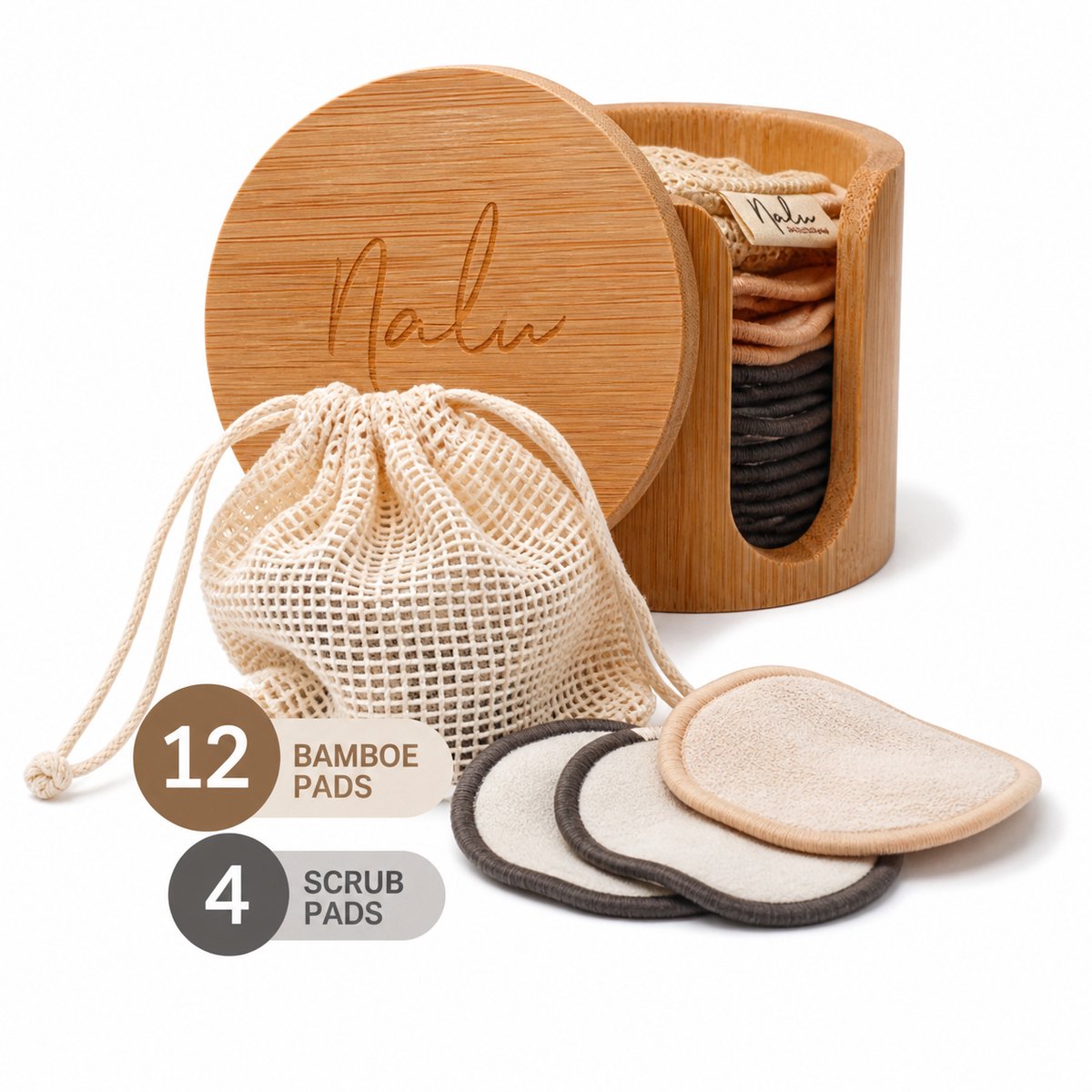 Nalu™ Bamboe Houder met 16 Herbruikbare Wattenschijfjes + Waszakje - Scrub Pads - wattenschijfjes - Watjes - Watten - make up pads - make up spons - wattenschijfjeshouder - Wasbare Wattenschijfjes - Makeup Pads - Zero Waste