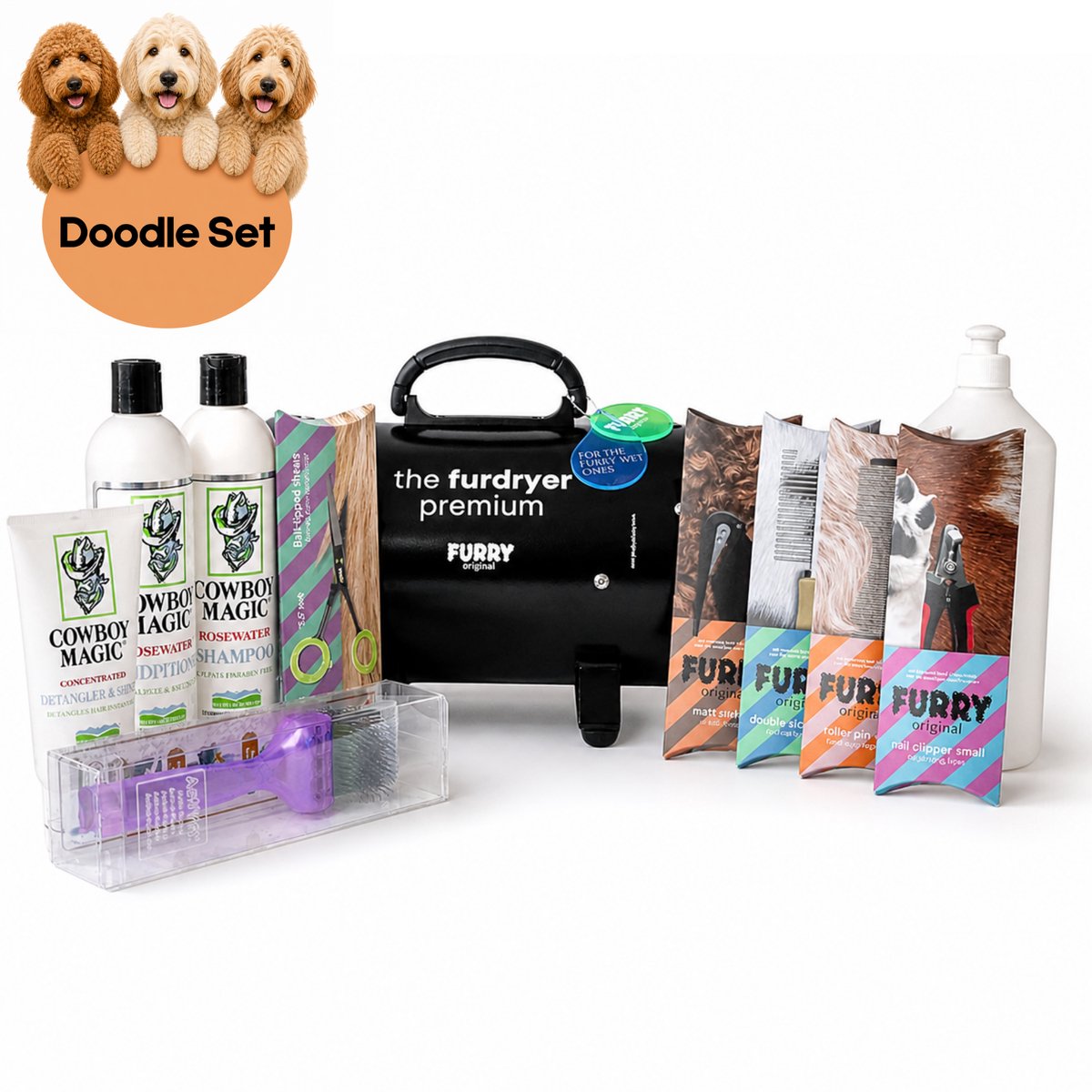 Furry Original® Verzorgingsset voor Doodle - Waterblazer & Hondenfohn met Geluidsdemper - Cowboy Magic Honden Shampoo, Conditioner & Detangler + Mengfles - Activet Borstel Paars - Ogen & Potenschaar, 2 Kammen, Nageltang en Ontklitmesje Hond
