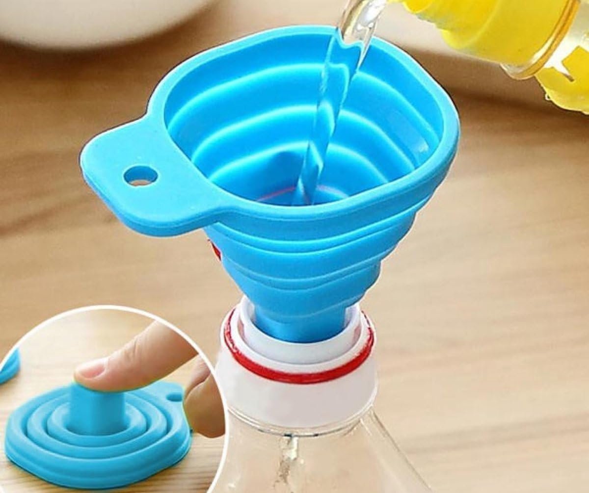 Okado Opvouwbare Trechter Siliconen 2 Stuks – Inklapbare Keukentrechter Blauw – Flexibele Trechter voor Vloeistoffen, Olie, Ruitenwisservloeistof en Jerrycan – Compact en Vaatwasserbestendig