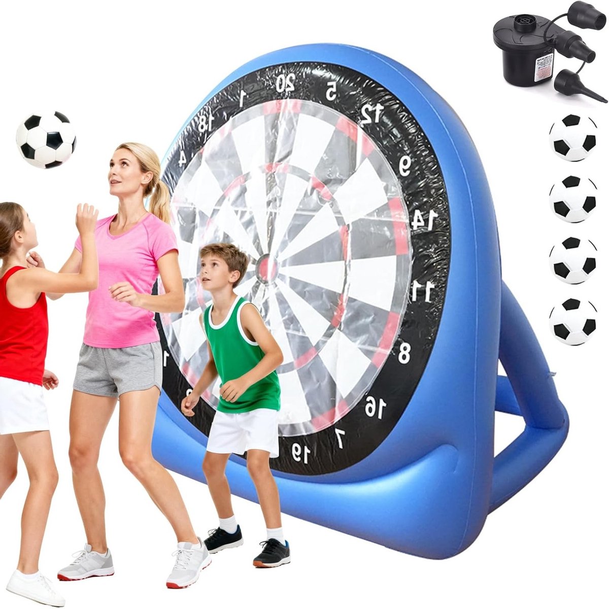 Opblaasbaar Voetbaldoel Set voor Buiten, Extra Groot 150 cm, Inclusief Dart Gooi, 4 Voetballen en Elektrische Pomp voor Tuin, Strand en Feestjes