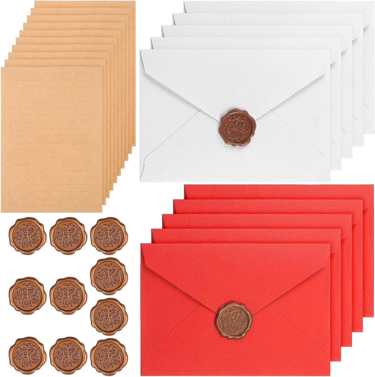 Vintage Briefpapier Set met Enveloppen: 30 Stuks, Liefdesbrieven, 10 Zelfklevende Enveloppen, Wax Seal, Uitnodigingen en Creatief Schrijven