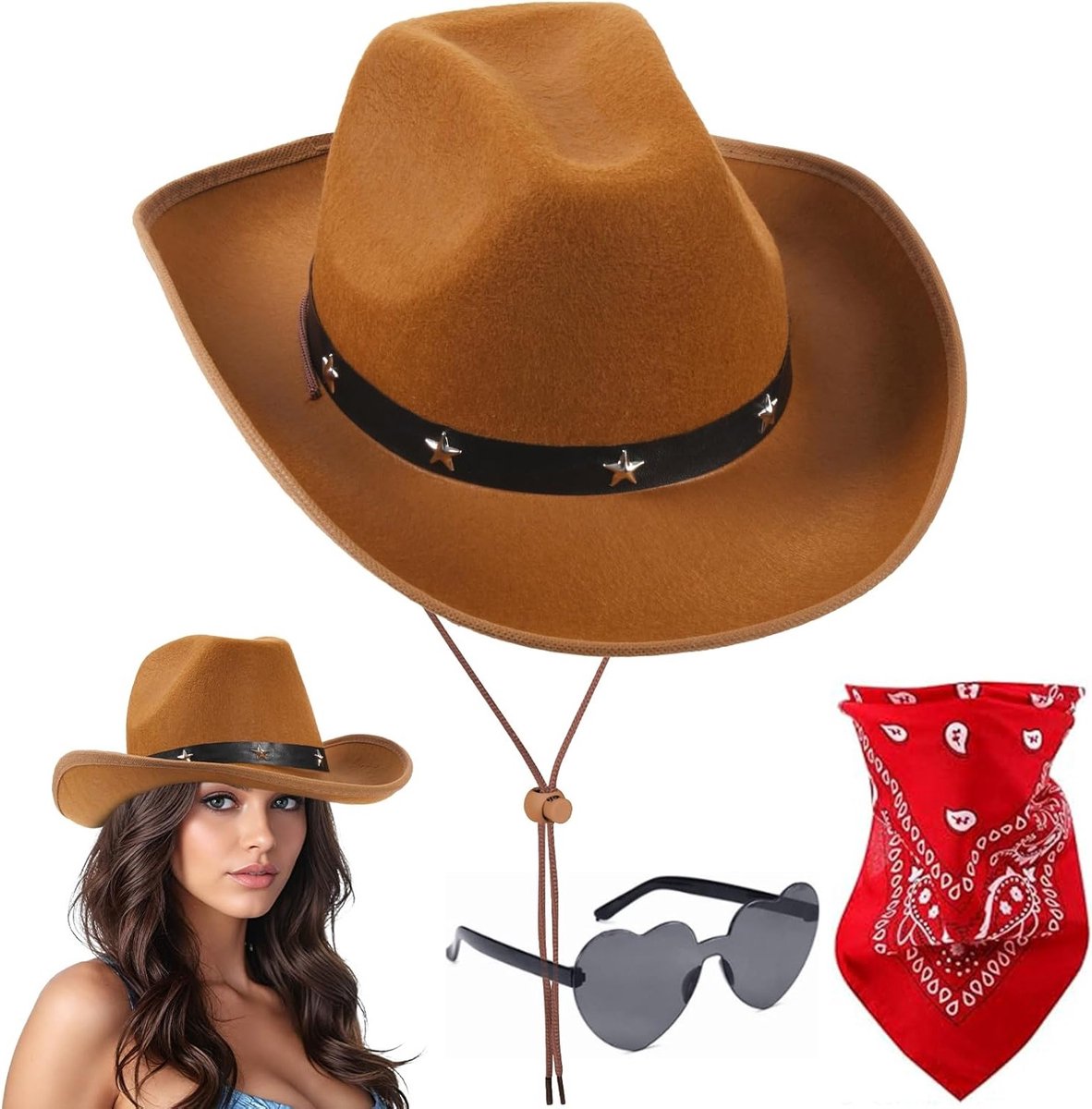 3-delige Cowboy Hoed Fancy Dress Accessoire Set met Paisley Bandana en Bril voor Verkleedfeest, Halloween en Cosplay
