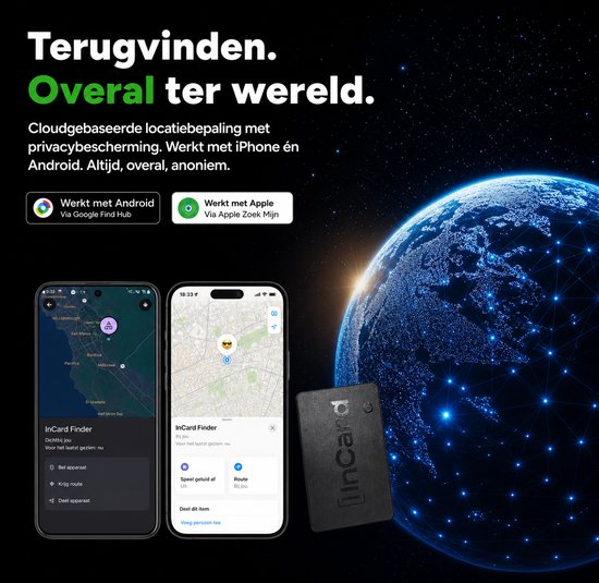 Zwarte InCard tracker naast telefoonapps 'InCard Finder' en wereldbol.