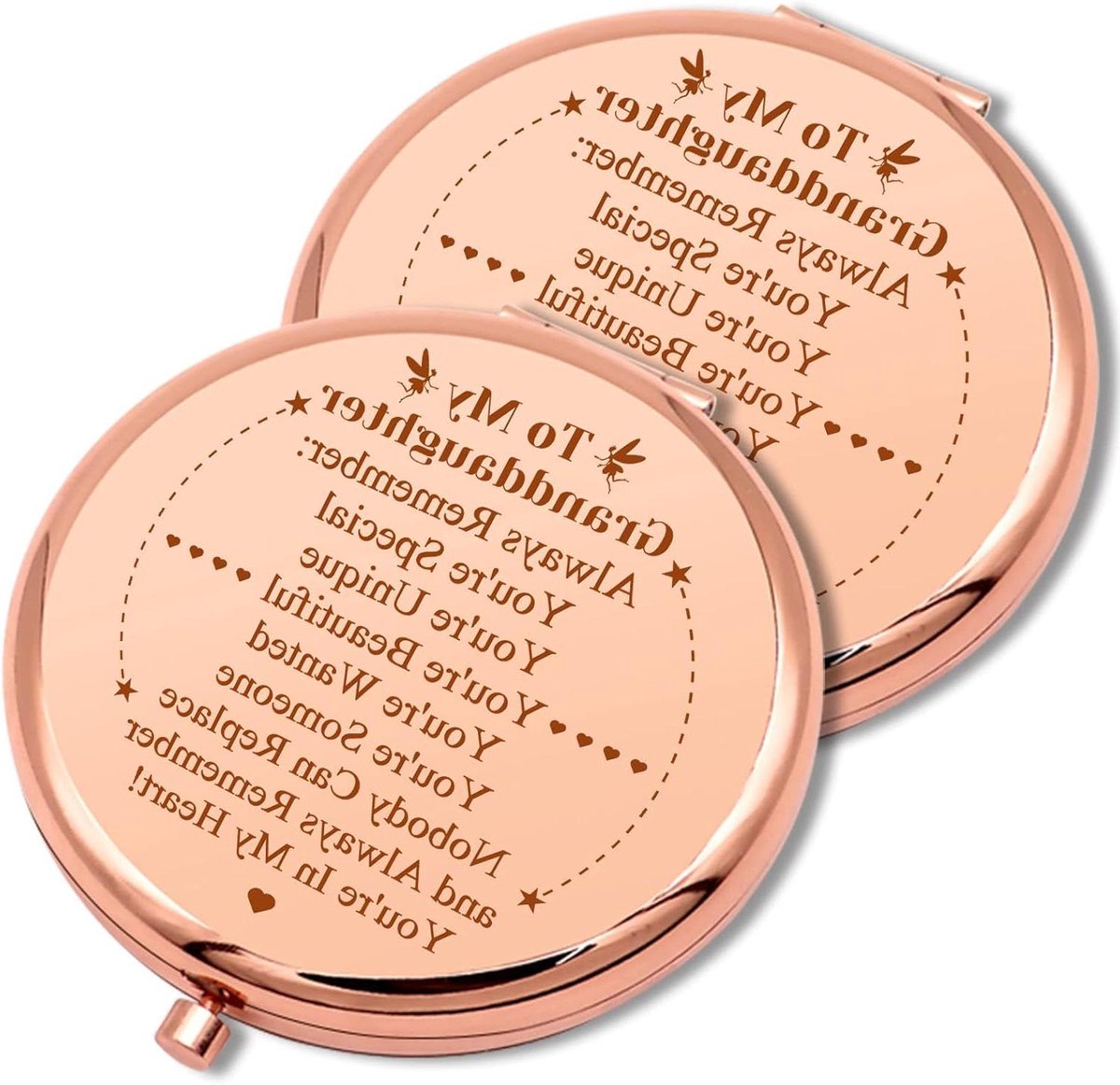 Compacte Make-up Spiegel - Zakspiegel Set - Dagelijkse Controle - Inspirerende Gravure - 65 mm Diameter - Roségoud