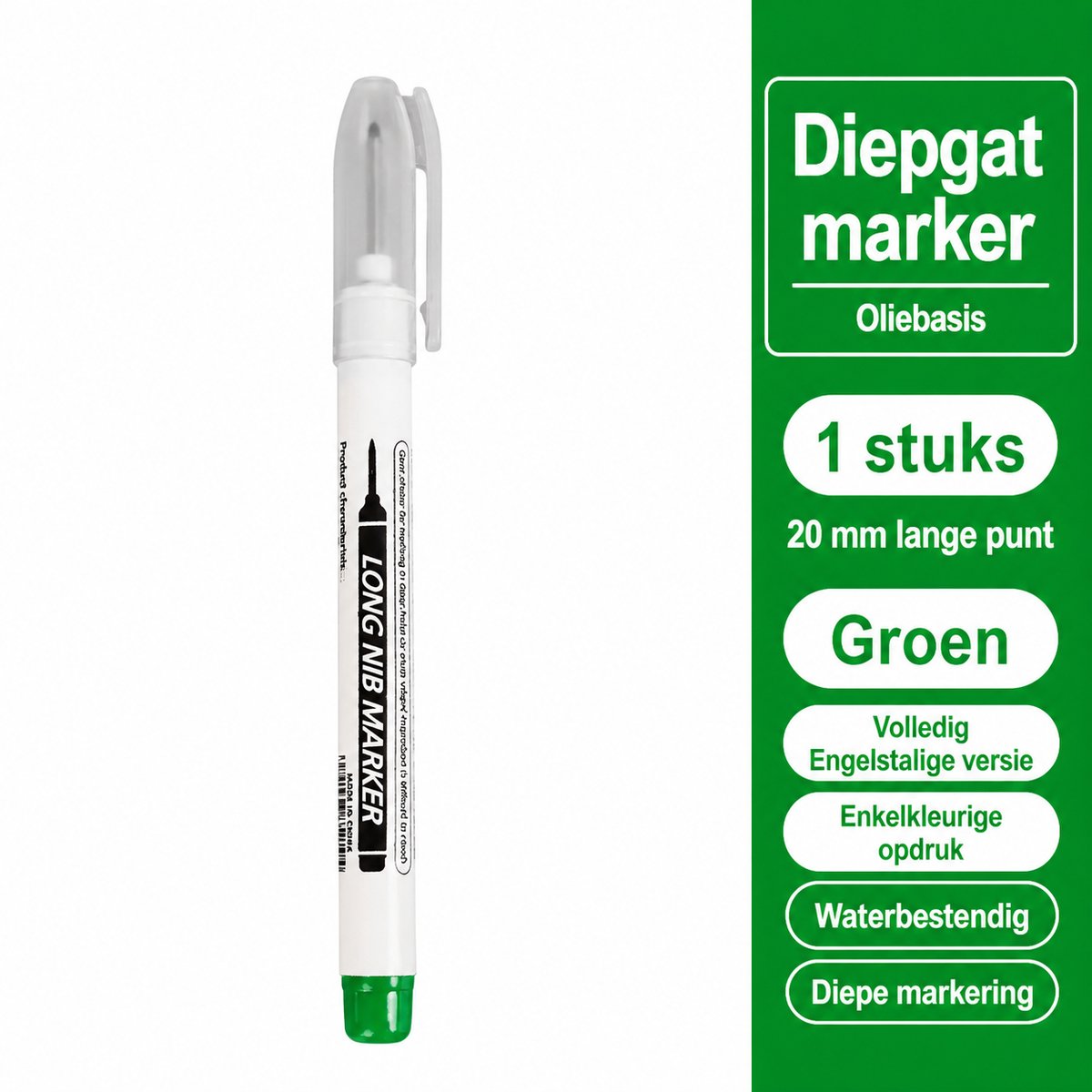 TLVX Lange Permanent Marker Groen – Markeerstift – Verlengde Timmermans Inkt Potlood – Bouw Markering stift – Timmerman Pen Dun - 20mm Long Tip Marker – Diep Gat – Teken Hout, Metaal, Glas, Spiegel, Tegels, Beton, Keramiek – Groene Inkt – 1 stuks