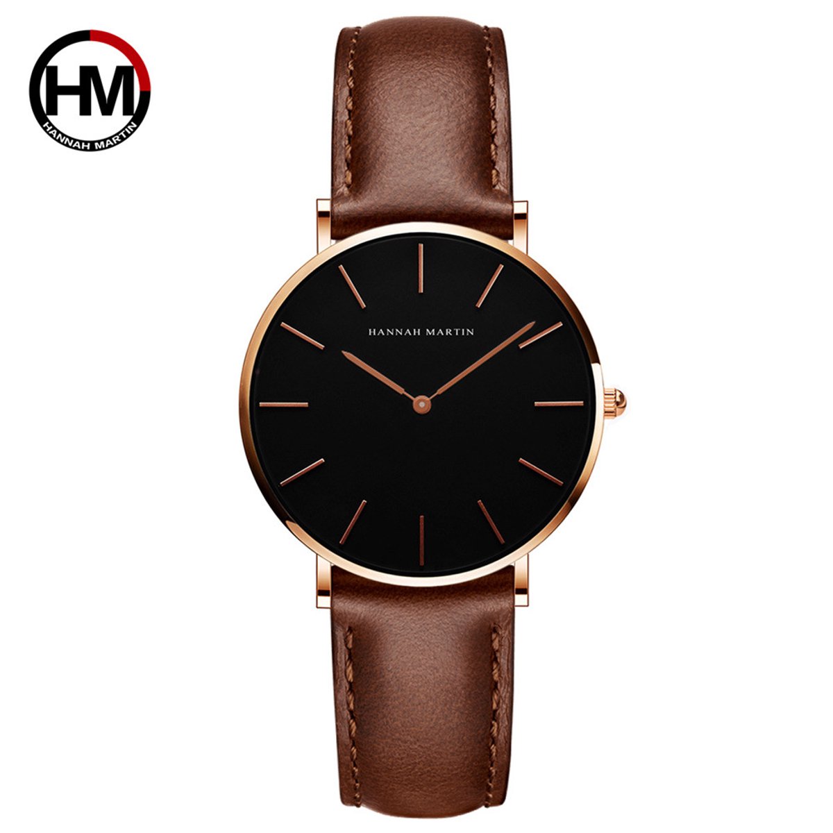 HANNAH MARTIN horloge met bruine lederen polsband, zwarte wijzerplaat, gouden horlogekast en gouden wijzers voor dames met stijl ( model CH36 FK )