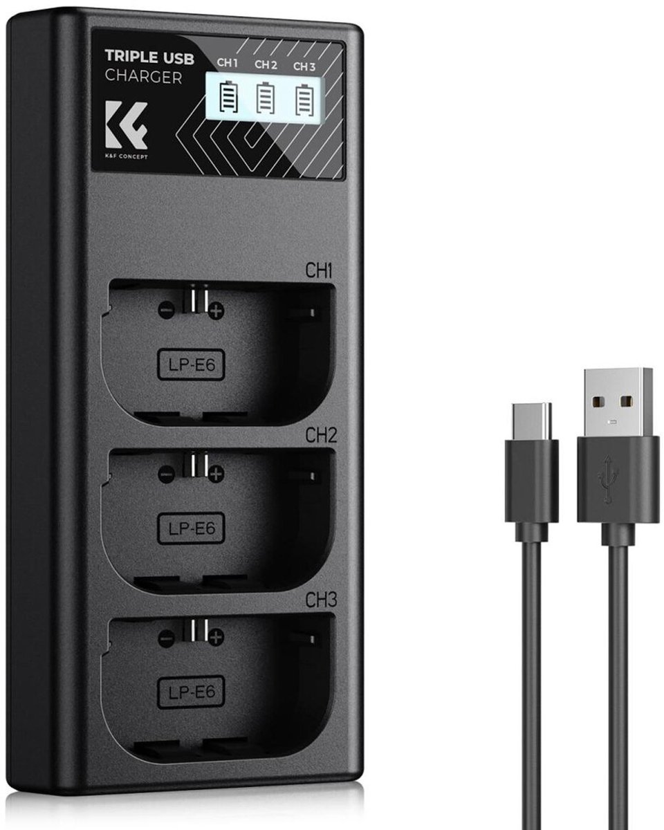 K&F Concept Drievoudige acculader voor de Canon LP-E6NH