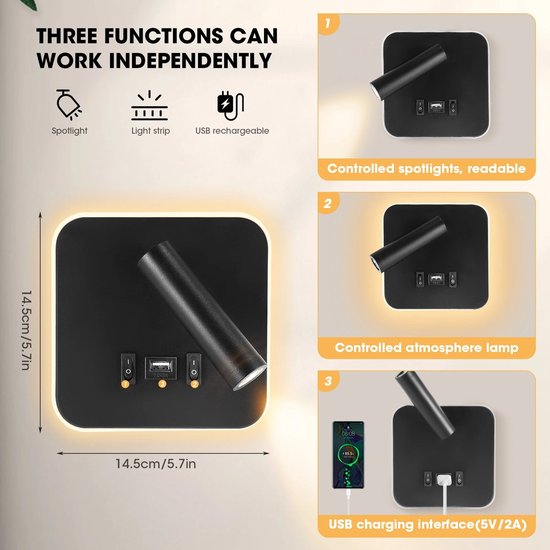 Stervia Nachtlampje - Set van 2 - Leeslampje - LED - Met USB Poort - 330° Draaibaar Lampje - 3000K Licht - Zwart - 14.5 x 14.5 cm van Stervia — afbeelding 3