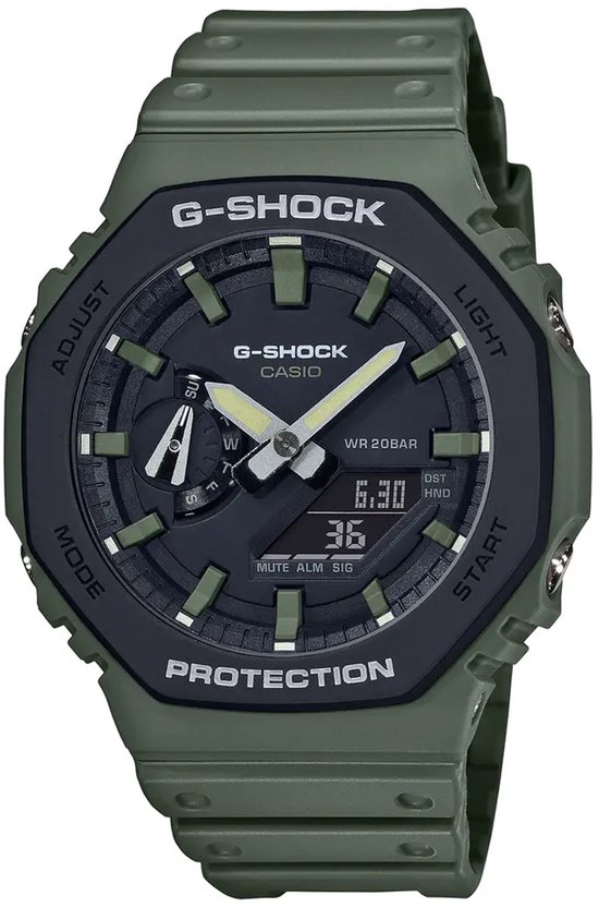 Groen G-Shock horloge met zwarte wijzerplaat en datum.
