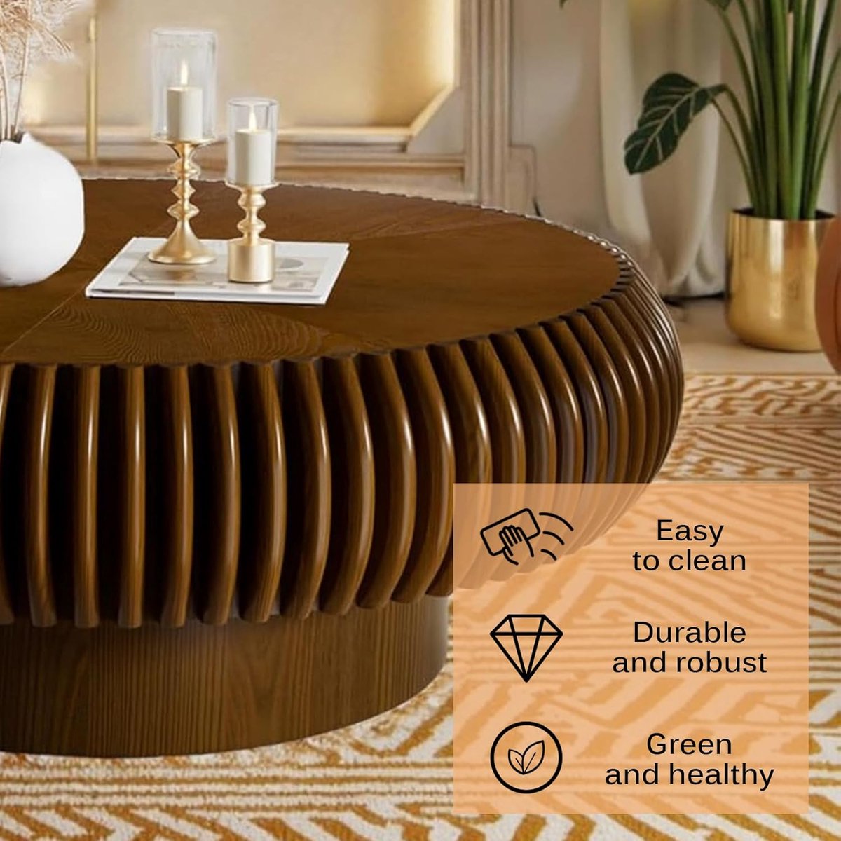 Ronde salontafel trommeldesign 80x80x35 cm – geribbelde walnoot houten koffietafel & bijzettafel – mid century modern Art Deco design – stabiele MDF constructie – Faisal
