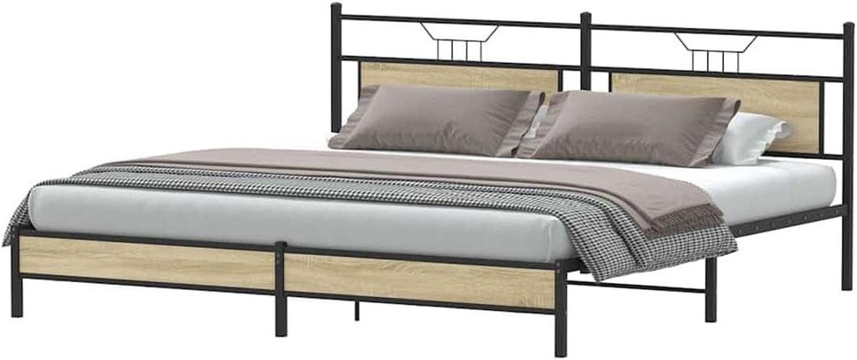 Bedframe metaal - Ledikant tweepersoons - Goede nachtrust - Stabiele stalen constructie - 200x200 cm - Sonoma eiken