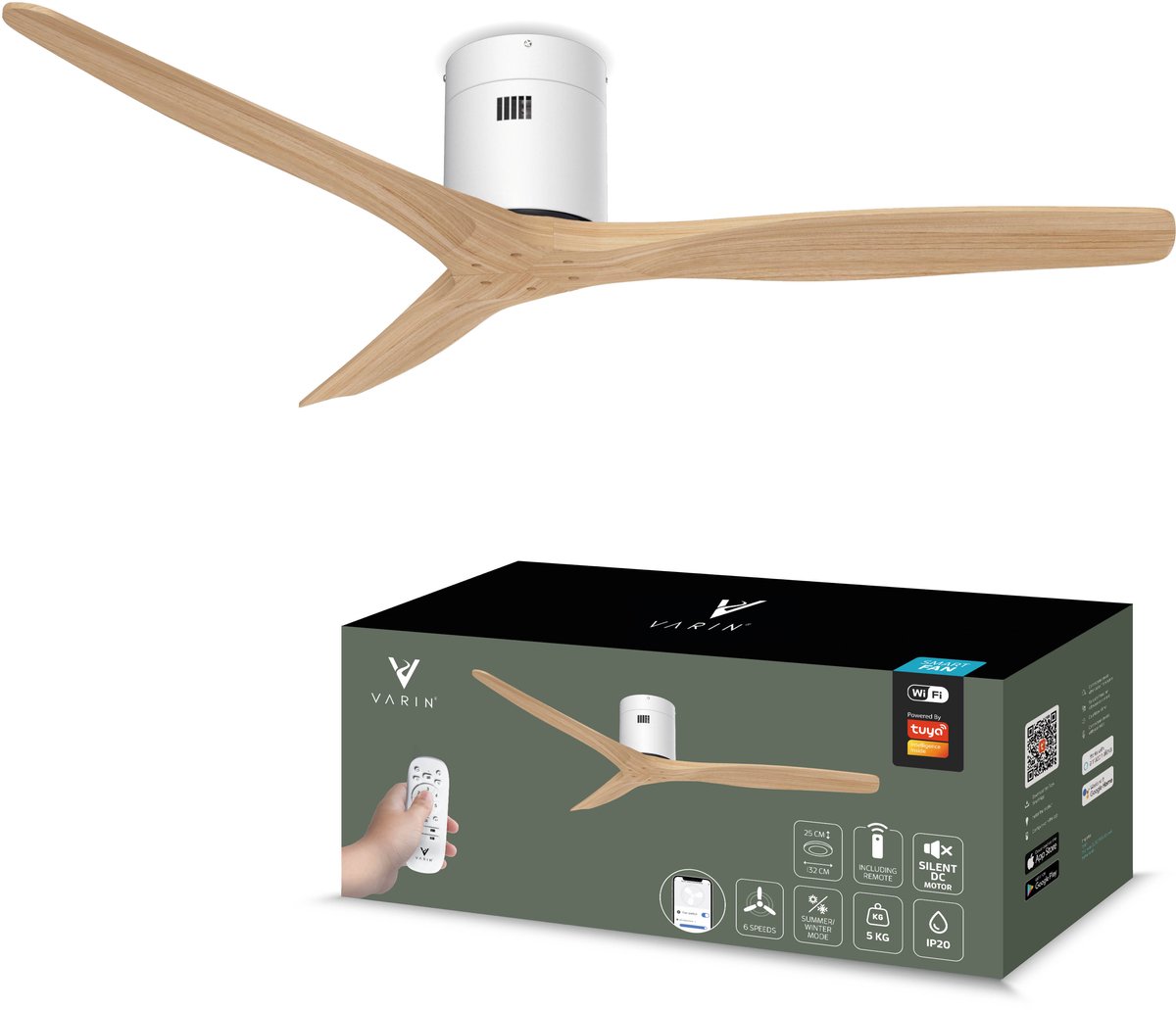 Varin® Smart Plafondventilator - Wit/Naturel - Tuya Wifi - LED CCT - Lange bladen - Ø 132cm - 6 snelheden - Super stil 20dB - Met afstandsbediening app - Ventilatorkachel - Ventilatoren plafond - Plafondventilator - Plafond ventilator slaapkamer