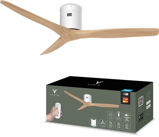Varin® Smart Plafondventilator Ø132cm Wit/Naturel, 35W, 6 snelheden, Stil 20dB, Wifi app, Afstandsbediening