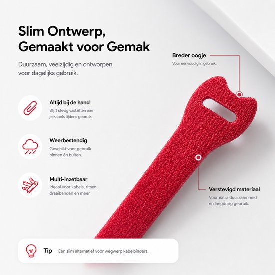 Dichte weergave van een rode, herbruikbare kabelbinder met klittenband en een versterkt oogje.