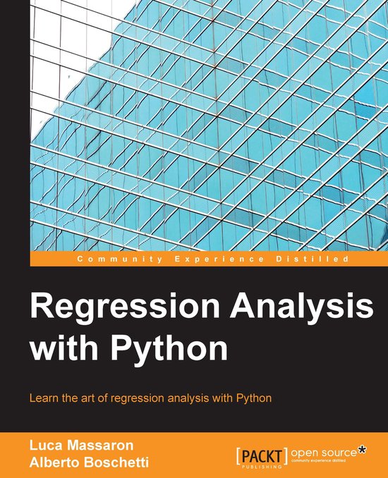 Boekomslag: Regression Analysis with Python door Luca Massaron en Alberto Boschetti, tegen een glazen wolkenkrabber.