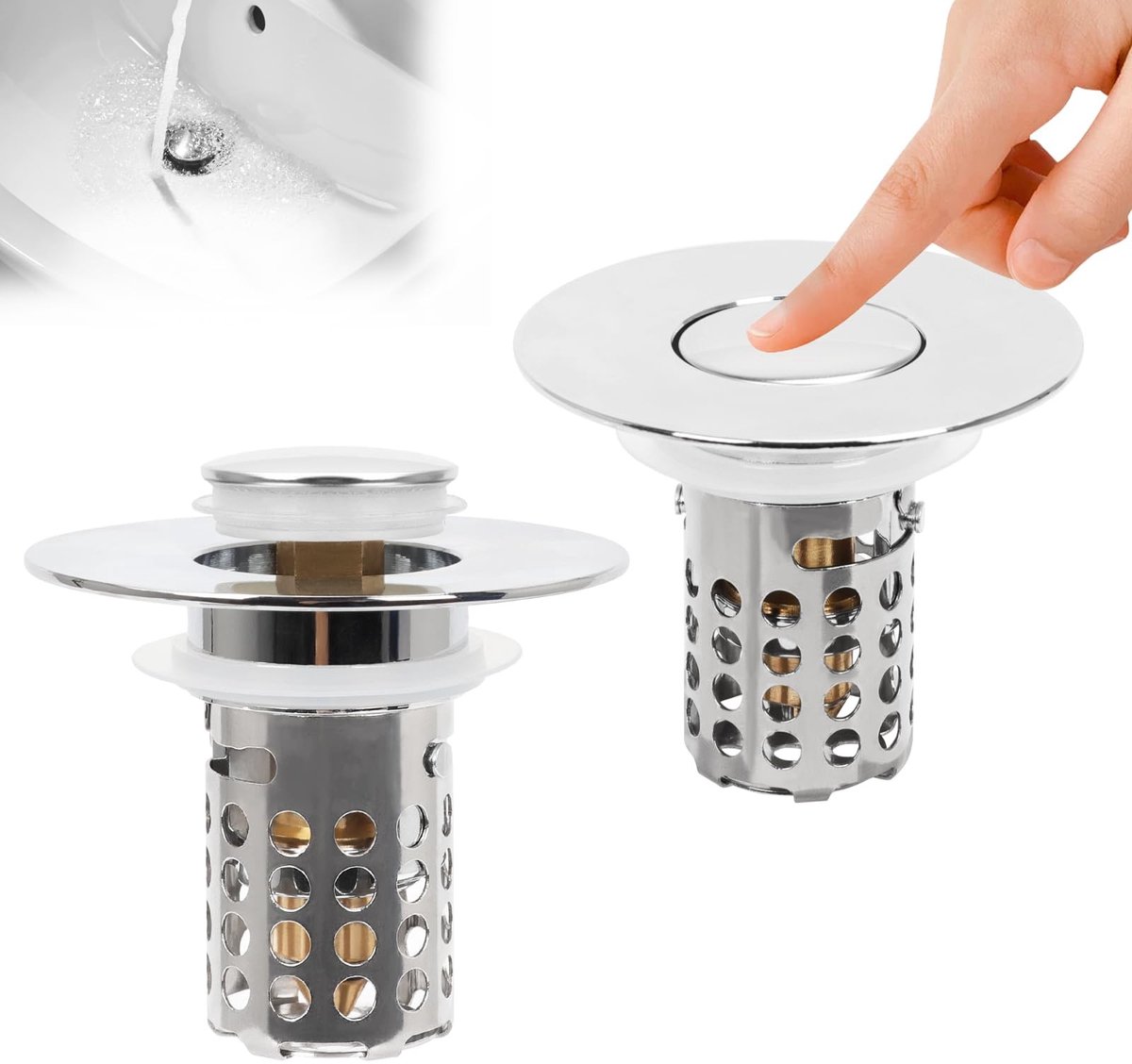 aladdien - Afvoerplug Set - RVS Pop Up Filter - 2 Stuks - Voor Badkamer en Keuken - Universele Afvoerplug - Hoogwaardige kwaliteit - Geschikt voor d...