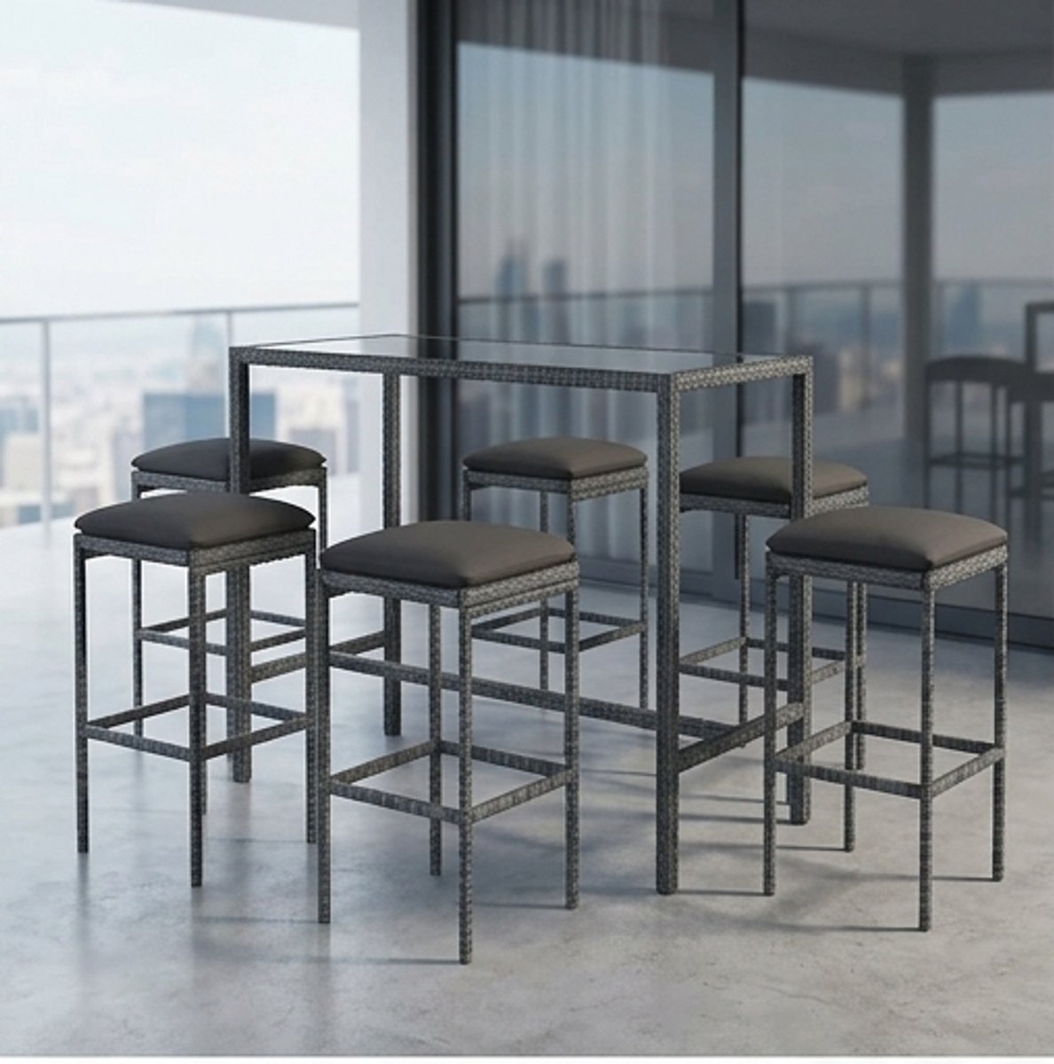 7-delige Luxe Tuin Barset met Kussens – Polyrotan Buiten Bartafel Set met 6 Krukken – Weerbestendig Tuinmeubel met Glazen Tafelblad – Modern Terras, Balkon & Tuin – Grijs | Ganeey