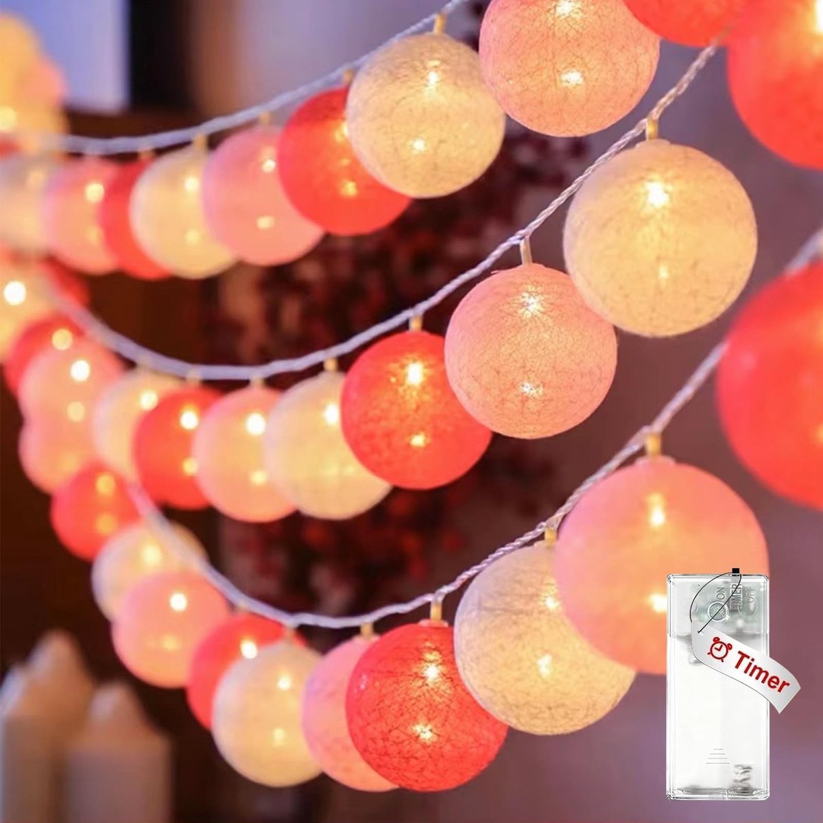 ONF3 - LED Lichtslinger - Katoenen Bollen - 10 Lampjes - Roze Wit Rood - Decoratie voor Feestjes - 1.5m - Sfeerverlichting