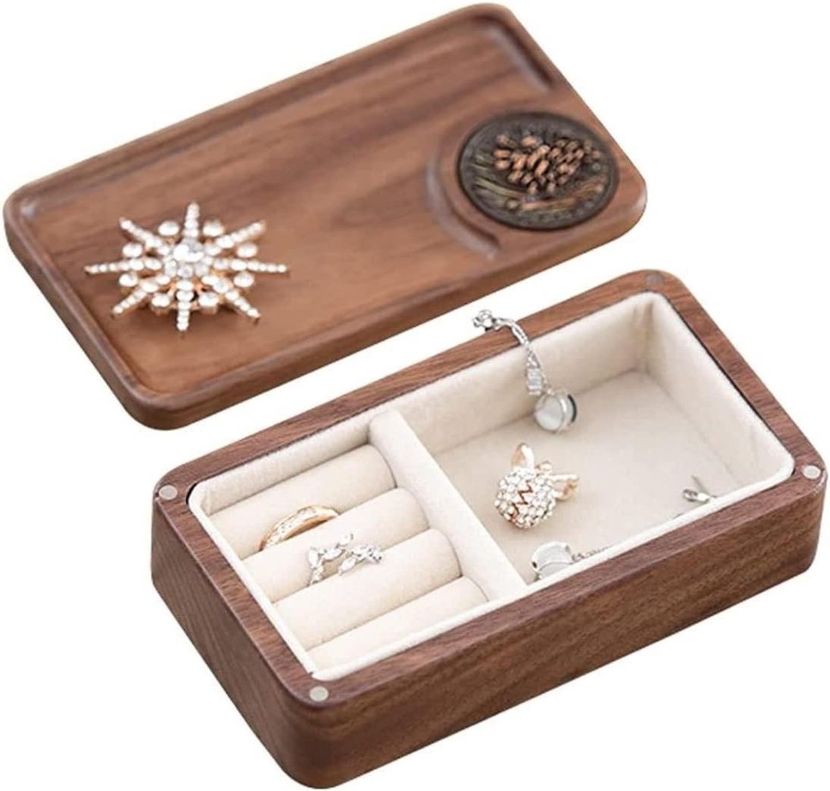 Juwelendoosje - Sieraden opberger - Sieraden organiseren - Massief walnoothout - 13x7x3.8cm - Walnoot