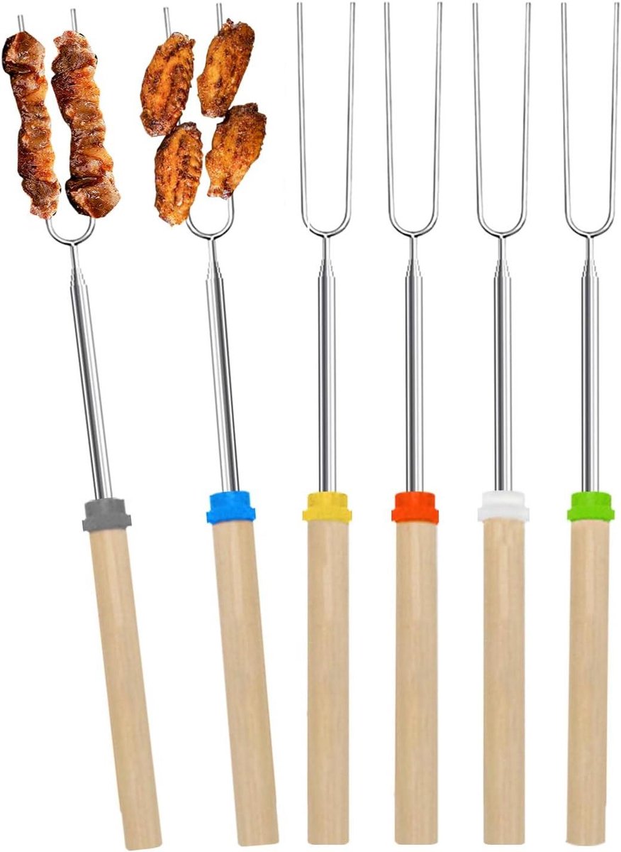 Stokbrood Spiesen - Grill Spiesen - Buiten Koken - Intrekbaar Ontwerp - 6 Stuks - Zilver
