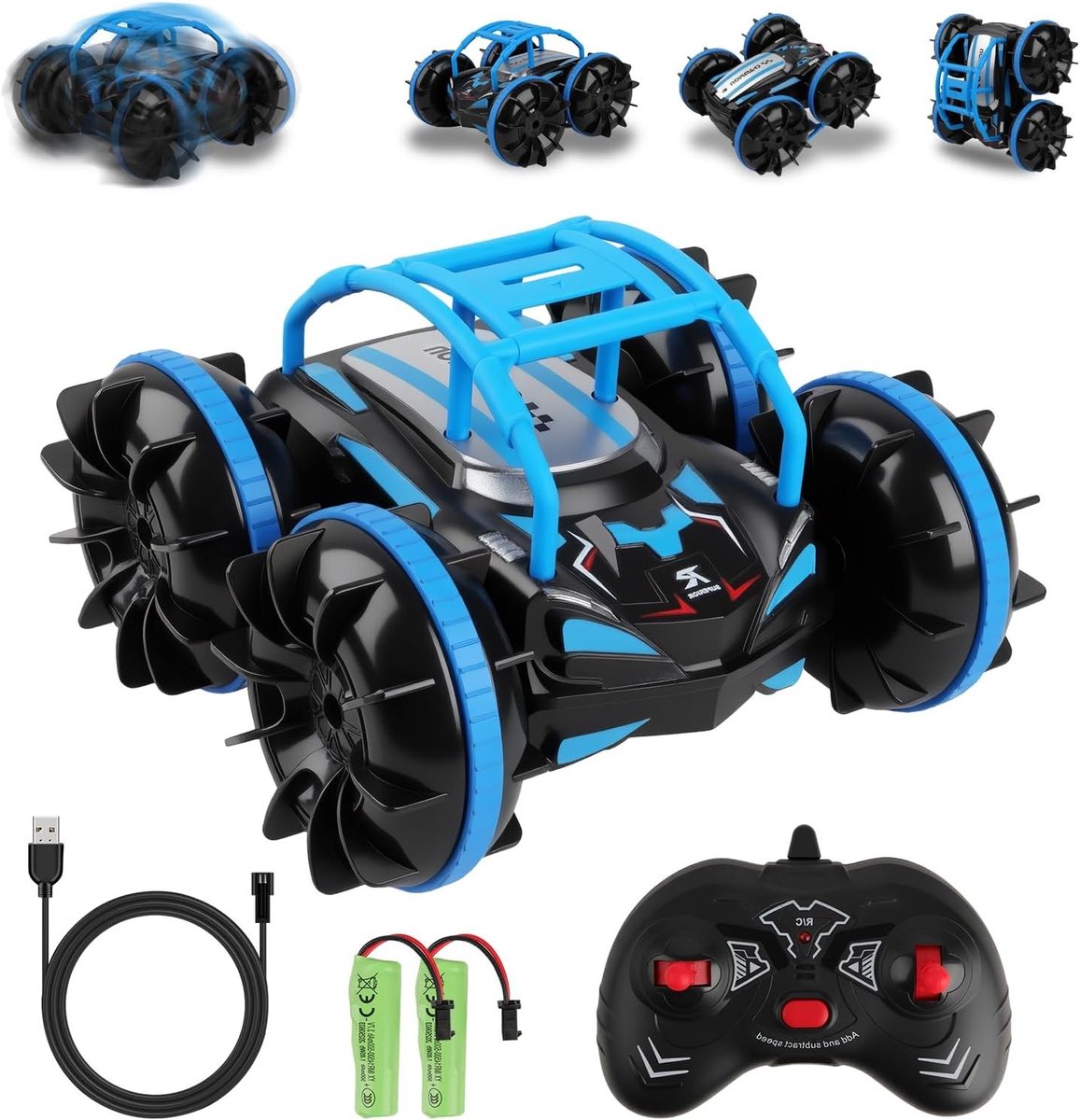 Afstandsbediening amfibieën auto, waterdichte RC stuntauto met 360° flips, 4WD, 15 km/u, offroad monstertruck voor zand, water en terrein, perfect speelgoed voor avontuurlijke kinderen
