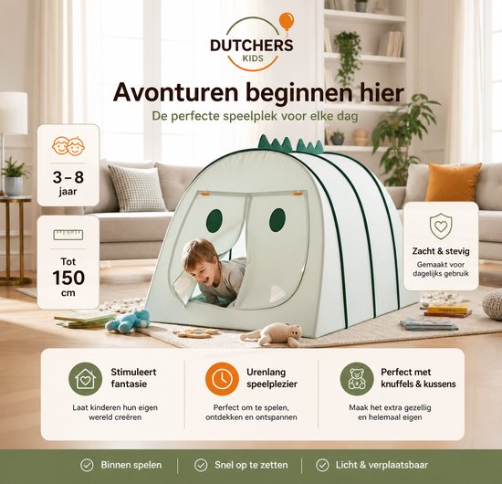 Dutchers® Dinosaurus Speeltent - Kindertent - Speelhuis - Tipitent - Speelhuisje - Tent - Binnentent - Speelhuisje van Oxford-stof voor binnen & buiten - Groen van Merkloos — afbeelding 3