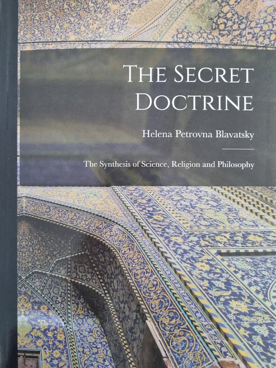 Boek kaft 'The Secret Doctrine' met sierlijke, blauw-gele patronen.