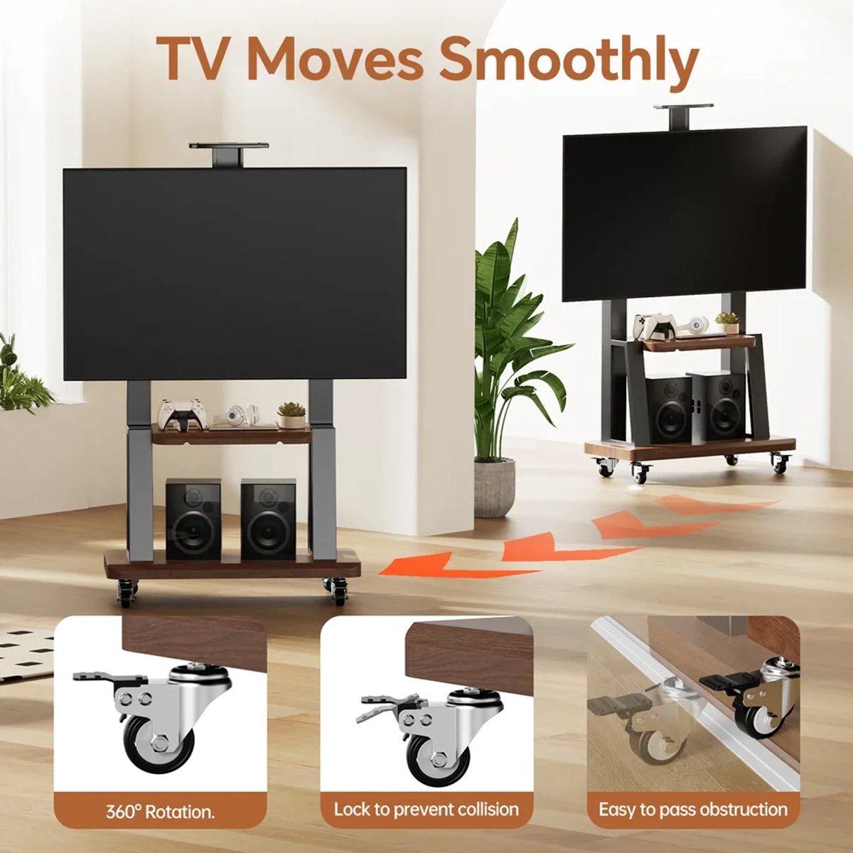 Mobiele TV Kar voor 32-65 Inch Schermen - Verplaatsbare Rolling Vloer TV Stand - Met Plank - Vergrendelbare Wielen - Hoogte Verstelbaar - Zware Kwaliteit
