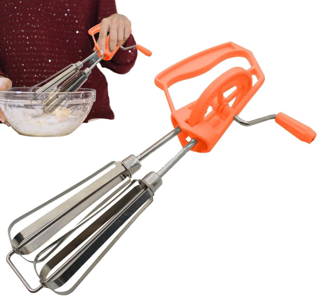 Handslingermixer - Eierklopper garde - Beslag kloppen - Twee mengkoppen - 25 cm - Oranje