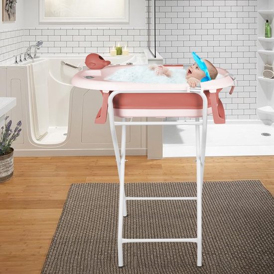 Opvouwbaar Babybad - Babybadje met standaard - Comfortabel Baden - Ingebouwde Thermometer - 55 x 40 x 90 cm - Roze — afbeelding 4