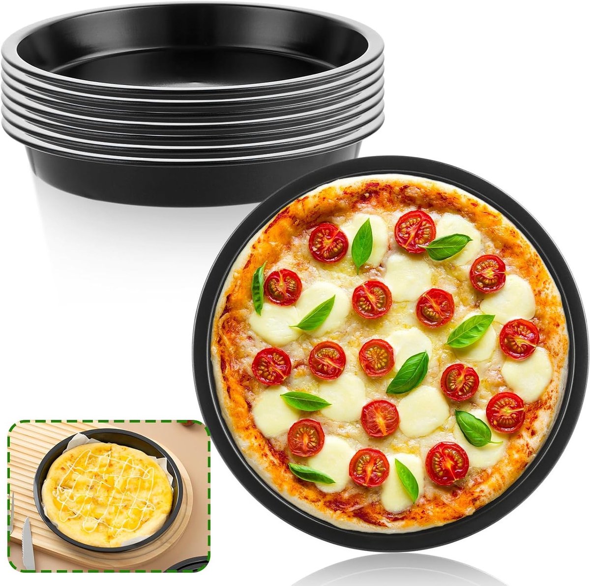 Ronde Pizza Plate van RVS met Antiaanbaklaag, 15 cm - Ideaal voor Pizza, Taart en Quiche, Set van 8 Stuks