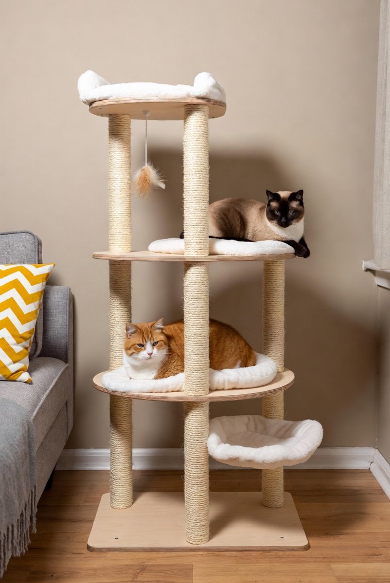 Luxe Houten Kattenkrabpaal XXL 146 cm – 4-in-1 Modulaire Kattenboom met Ruimtecapsule, Platformen, Sisalpalen & Speelgoed – Design Krabmeubel voor Grote Katten – Modern & StevigGaneey