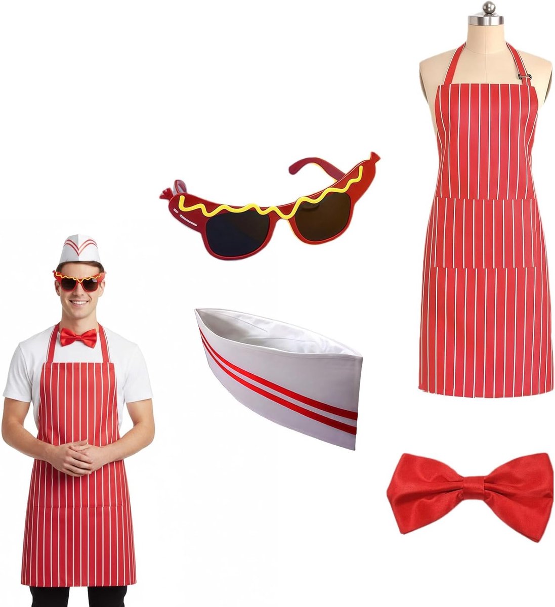 Restaurant ober uniform set in rood en wit, inclusief keuken schort, verstelbare strik en accessoires voor themafeesten en kookkleding